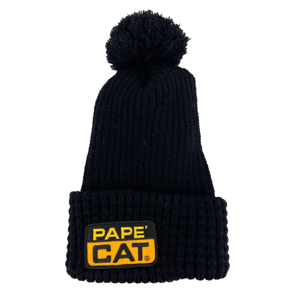 Pape CAT Unisex Black Bobble Winter Ribbed‎ Pom Pom Hat Yellow Logo Beanie